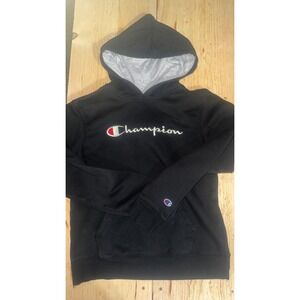 Champion Boys XL Black Pullover Hoodie Embroidered Script Logo Gray Lining